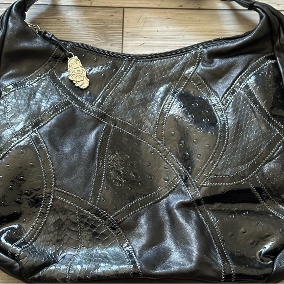 Women’s Purse CHI Carlos Falchi Genuine Leather & Snakeskin Black Shoulder/Hobo - Picture 3 of 9